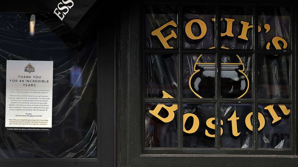 PHOTO: A sign outside Four's Boston restaurant and sports bar thanks customers for their business as they are closing after 44 years, in Boston on Nov. 5, 2020.