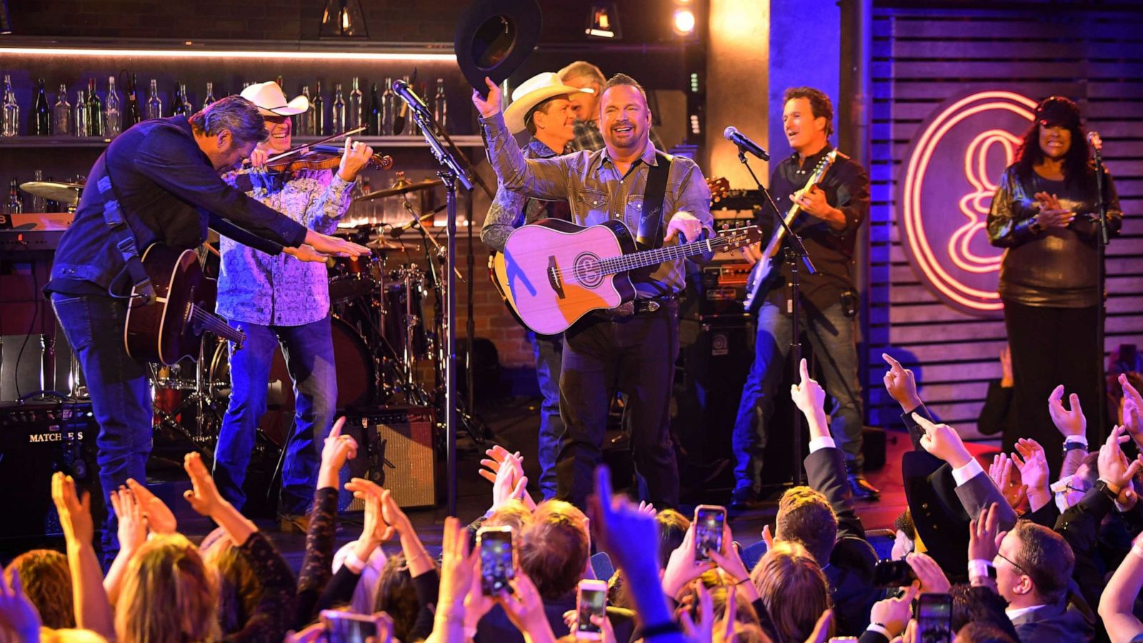 PHOTO: Blake Shelton, left, and Garth Brooks perform "Dive Bar" at the 53rd annual CMA Awards at Bridgestone Arena, Wednesday, Nov. 13, 2019, in Nashville, Tenn.