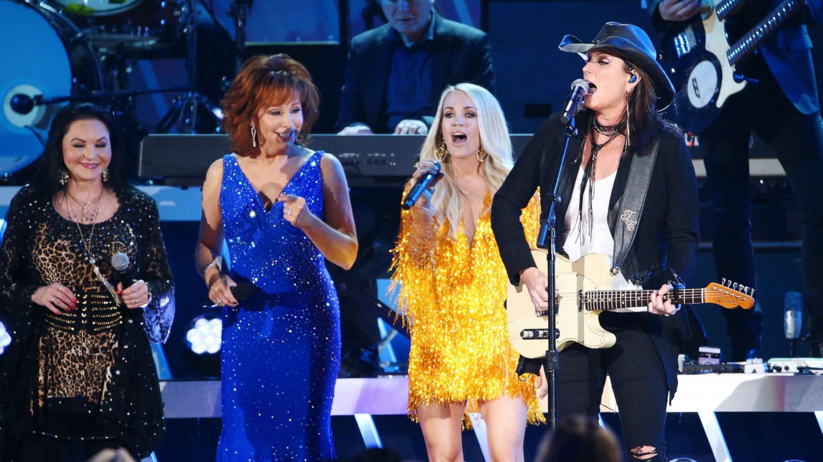 PHOTO: Crystal Gayle, Reba McEntire and Carrie Underwood perform onstage during the 53rd annual CMA Awards at the Bridgestone Arena, Nov. 13, 2019, in Nashville, Tennessee.