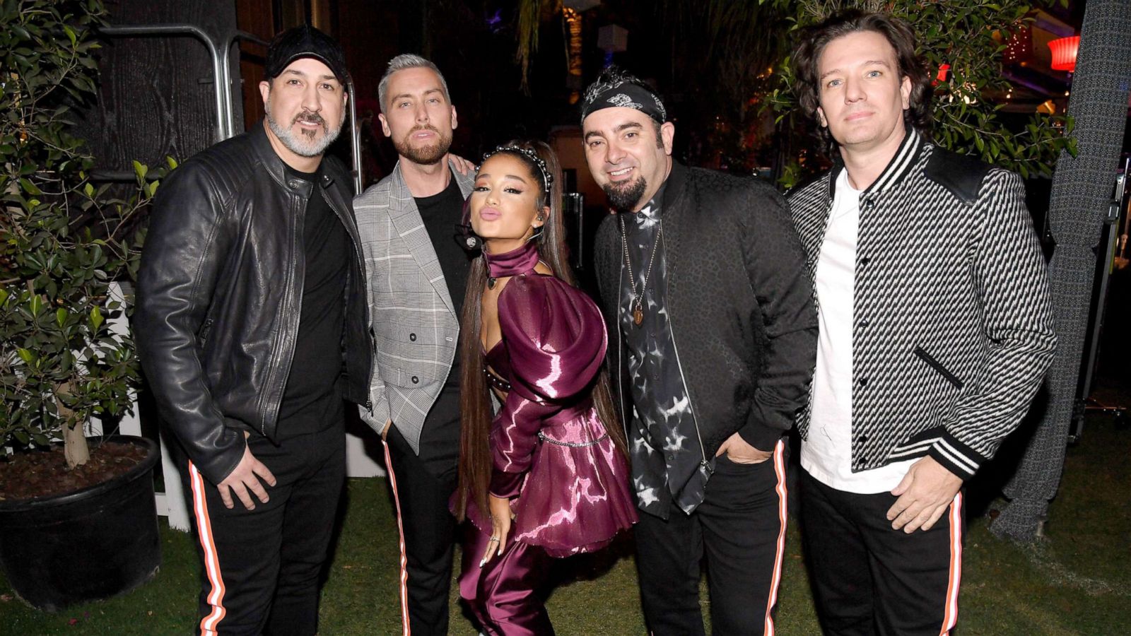 PHOTO: Ariana Grande with members of NSYNC Joey Fatone, Lance Bass, Chris Kirkpatrick, and JC Chasez attend 2019 Coachella Valley Music And Arts Festival, April 14, 2019, in Indio, Calif.