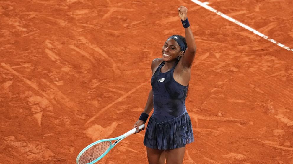 PHOTO: Coco Gauff of the U.S. celebrates as she won the semifinal match of the French Tennis Open against France's Lois Boisson at the Roland-Garros stadium in Paris, June 5, 2025.