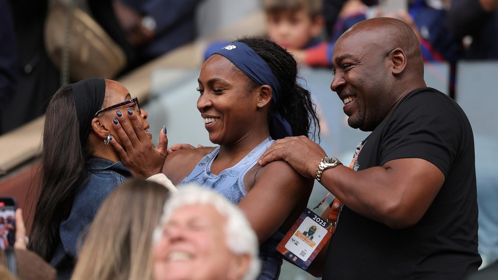 PHOTO: Coco Gauff greets her mother Candi Gauff and father Corey Gauff after her victory over Aryna Sabalenka in the Women's Singles Final on Day Fourteen of the 2025 French Open at Roland Garros on June 07, 2025 in Paris, France.