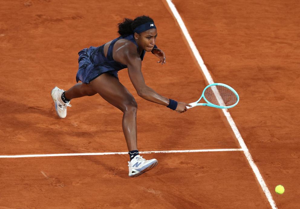 PHOTO: Coco Gauff of United States plays a backhand against Lois Boisson of France in the Women's Singles Semi Final match on Day Twelve of the 2025 French Open at Roland Garros, on June 5, 2025, in Paris,.