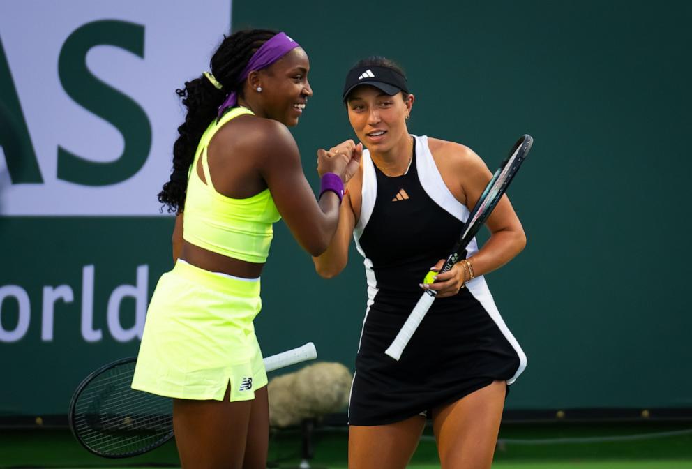 PHOTO: Jessica Pegula, right, and Coco Gauff of the U.S. play against Desirae Krawczyk and Caroline Dolehide of the U.S. in the second round of doubles at the BNP Paribas Open at Indian Wells Tennis Garden, March 11, 2024, in Indian Wells, Calif.