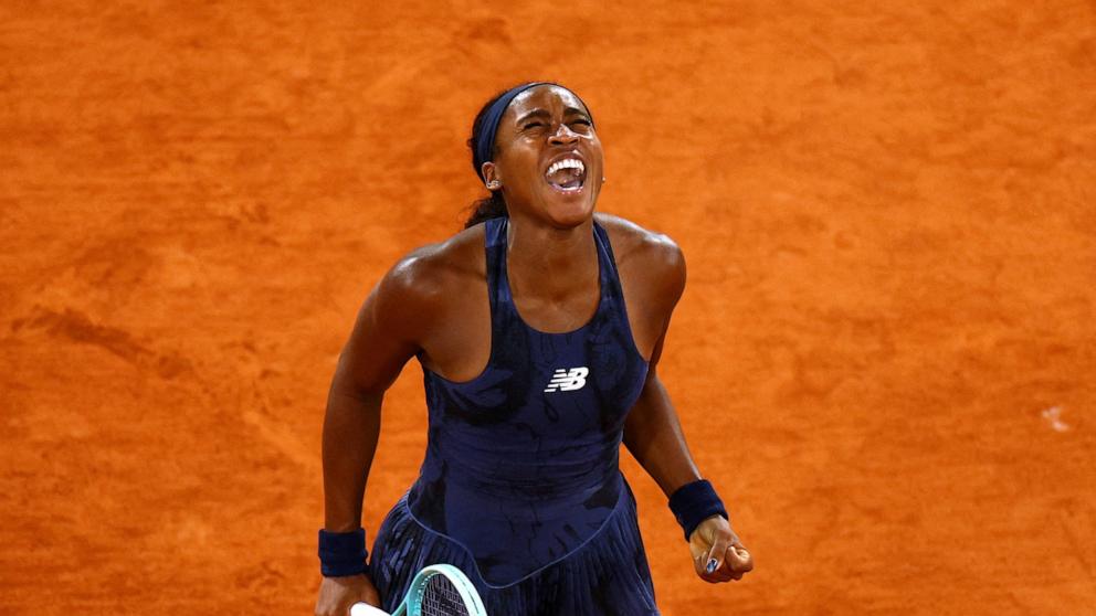 PHOTO: Coco Gauff of the U.S. celebrates winning her semi final match against France's Lois Boisson at the French Open, in Paris, on June 5, 2025.