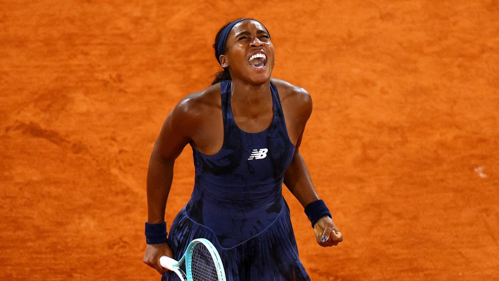 PHOTO: Coco Gauff of the U.S. celebrates winning her semi final match against France's Lois Boisson at the French Open, in Paris, on June 5, 2025.