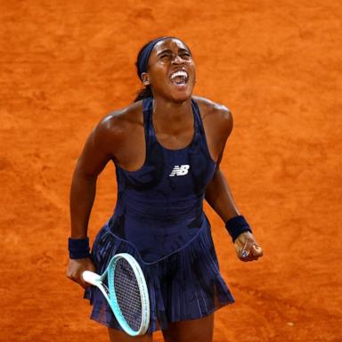 PHOTO: Coco Gauff of the U.S. celebrates winning her semi final match against France's Lois Boisson at the French Open, in Paris, on June 5, 2025.