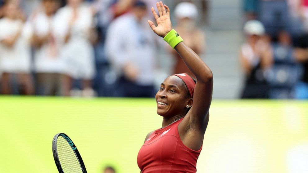PHOTO: Coco Gauff of the United States gestures to the crowd after defeating Caroline Wozniacki of Denmark during their Women's Singles Fourth Round match on Day Seven of the 2023 US Open, on Sept. 3, 2023, in New York.