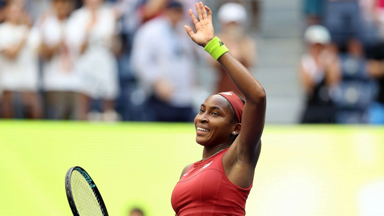 PHOTO: Coco Gauff of the United States gestures to the crowd after defeating Caroline Wozniacki of Denmark during their Women's Singles Fourth Round match on Day Seven of the 2023 US Open, on Sept. 3, 2023, in New York.