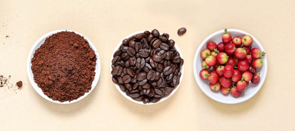 PHOTO: Stock image of red coffee beans berries, roasted coffee and coffee powder on a beige paper background.