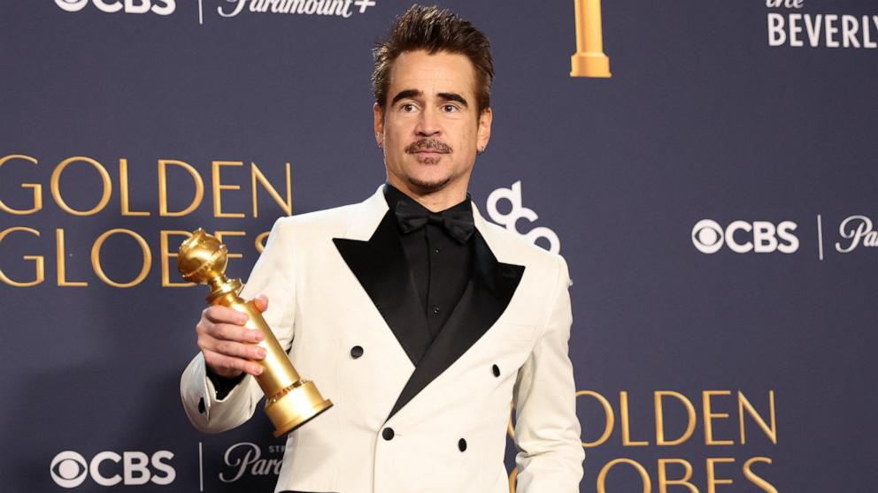 PHOTO: Colin Farrell poses with the award for Best Performance by an Actor in a Limited Series, Anthology Series or Motion Picture Made for Television for "The Penguin" during the 82nd Golden Globe Awards, Jan. 5, 2025, in Beverly Hills, Calif.