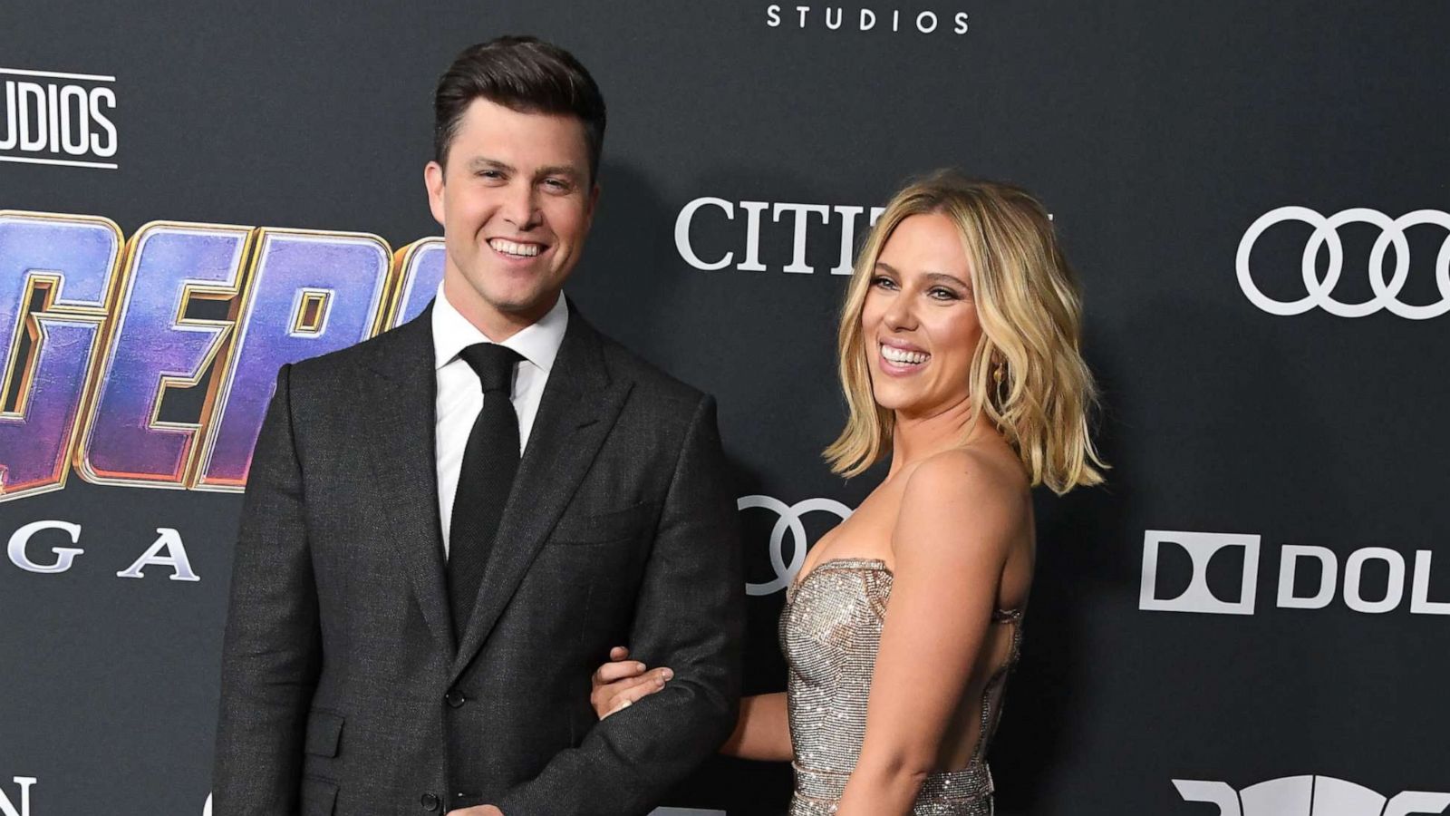 PHOTO:Colin Jost and Scarlett Johansson arrives at the world premiere Of Walt Disney Studios Motion Pictures "Avengers: Endgame" at Los Angeles Convention Center, April 22, 2019, in Los Angeles.