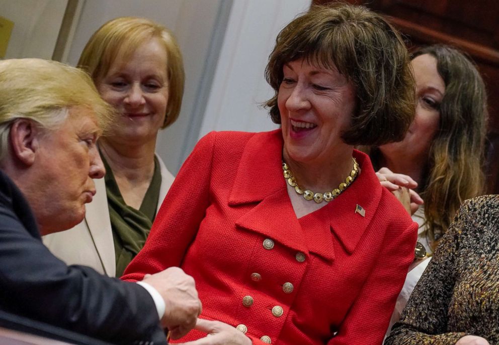 PHOTO: President Donald Trump greets Senator Susan Collins (R-ME) while participating in a signing ceremony for the "Know the Lowest Price Act"; and the "Patients Right to Know Drug Prices Act" at the White House, Oct. 10, 2018. 