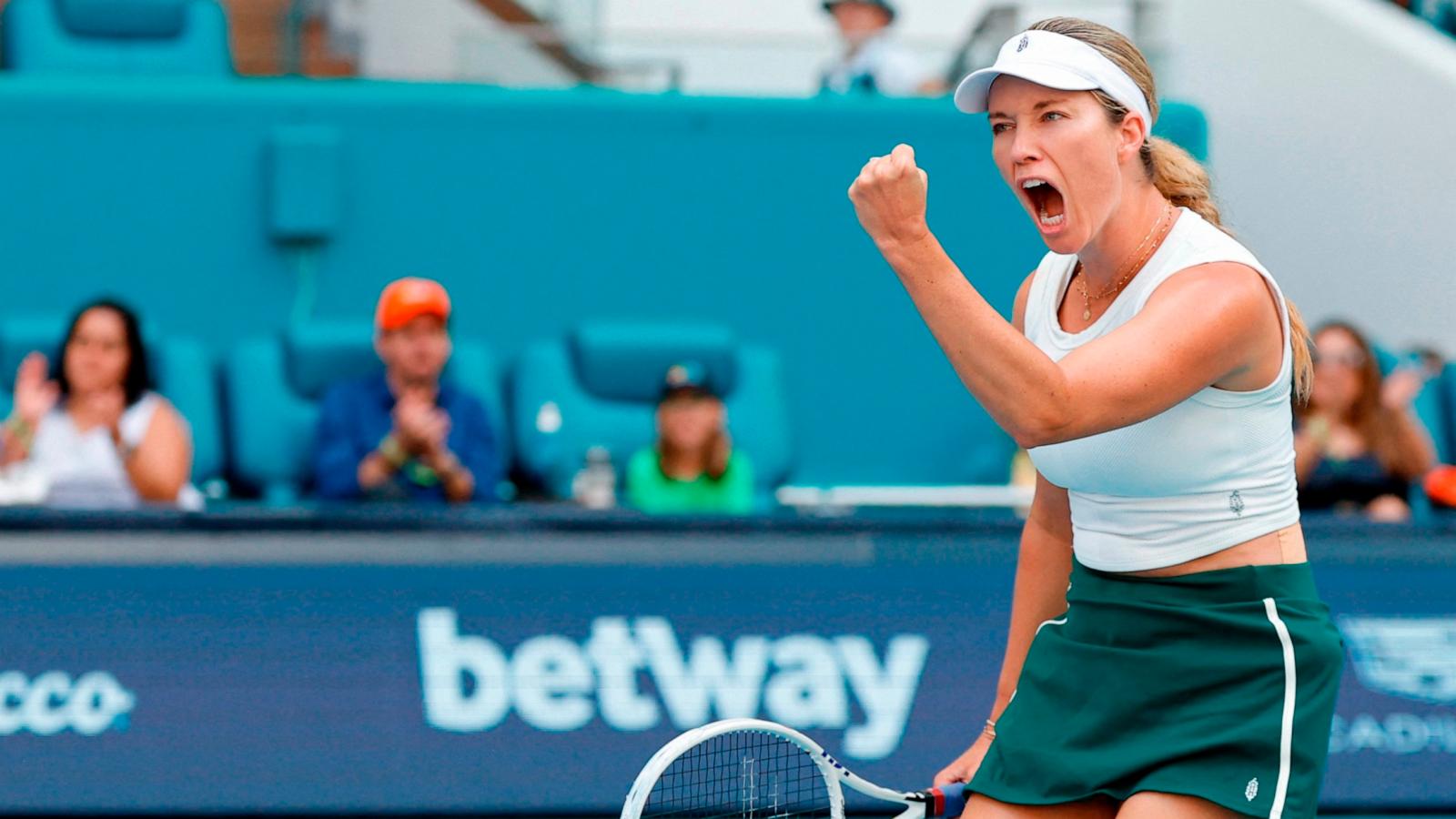 PHOTO: Danielle Collins reacts after winning a point against Elena Rybakina in the women's singles final of the Miami Open at Hard Rock Stadium, Mar 30, 2024 in Miami Gardens, Fla.