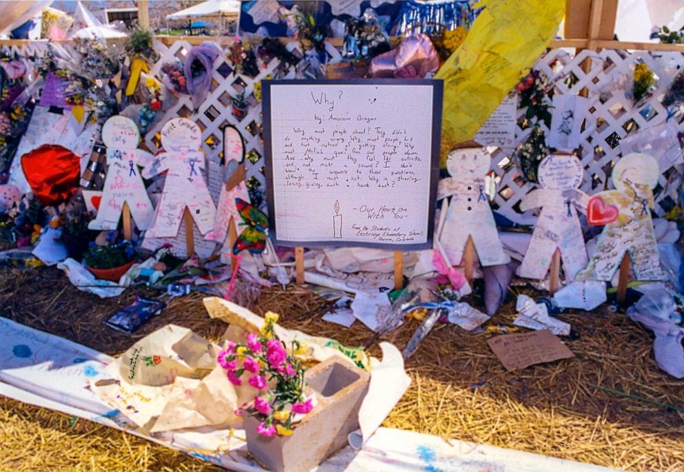 PHOTO: View of flowers and tokens left at a makeshift memorial in remembrance of 13 victims at Columbine High School, Littleton, Colorado, April 21, 1999.