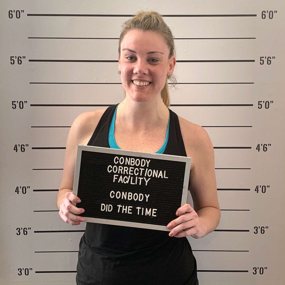 PHOTO: GMA digital producer Shannon McLellan poses in front of the "Did the time" wall after (barely) completing the ConBody workout. 