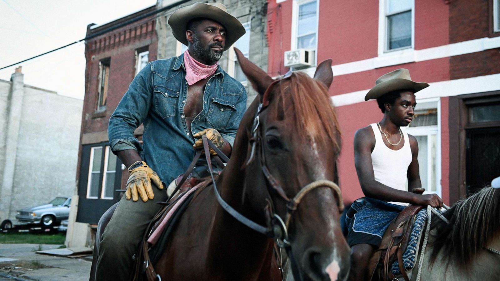 PHOTO: Idris Elba, left, and Caleb McLaughlin in a scene from the film "Concrete Cowboy."