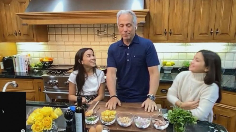 PHOTO: Celebrity chef Geoffrey Zakarian makes a simple white bean hash and eggs with his daughters on March 24, 2020.