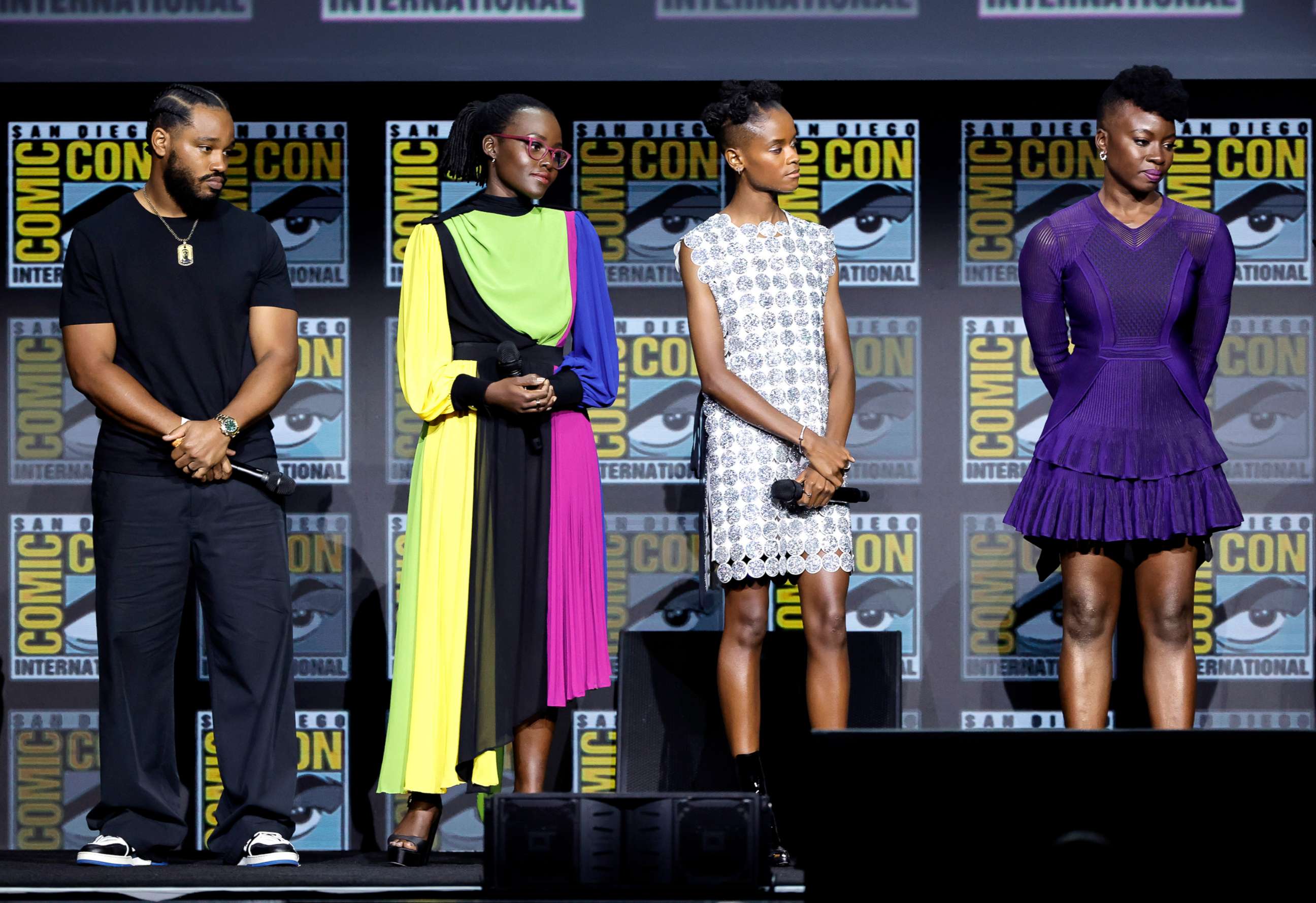 PHOTO: From left, Ryan Coogler, Lupita Nyong'o, Letitia Wright, and Danai Gurira speak  during Comic-Con, July 23, 2022, in San Diego, Calif.