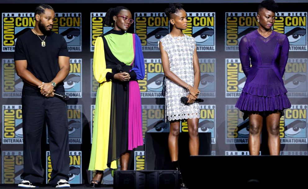 PHOTO: From left, Ryan Coogler, Lupita Nyong'o, Letitia Wright, and Danai Gurira speak  during Comic-Con, July 23, 2022, in San Diego, Calif.