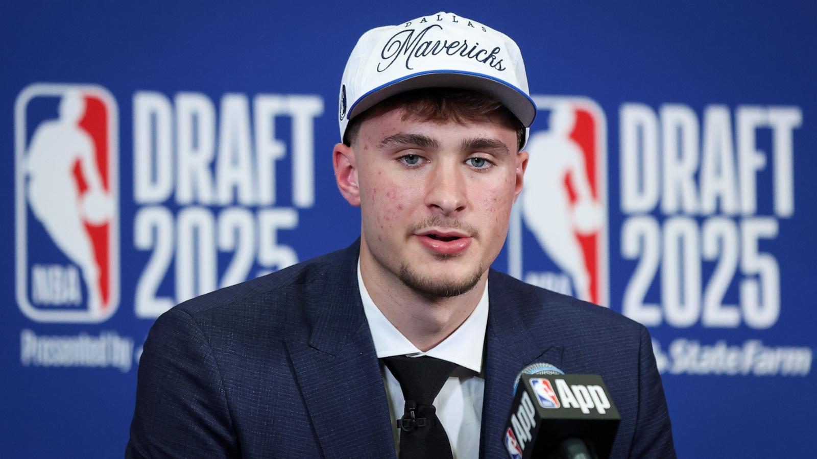 PHOTO: Cooper Flagg of the Dallas Mavericks speaks to the media after being drafted first overall during the 2025 NBA Draft at Barclays Center, June 25, 2025 in New York City.