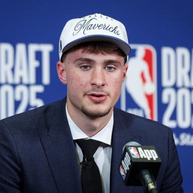 PHOTO: Cooper Flagg of the Dallas Mavericks speaks to the media after being drafted first overall during the 2025 NBA Draft at Barclays Center, June 25, 2025 in New York City. 