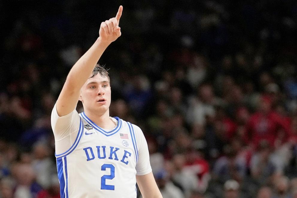 PHOTO: Duke forward Cooper Flagg celebrates after scoring against the Houston during the second half in the national semifinals at the Final Four of the NCAA college basketball tournament, April 5, 2025, in San Antonio.