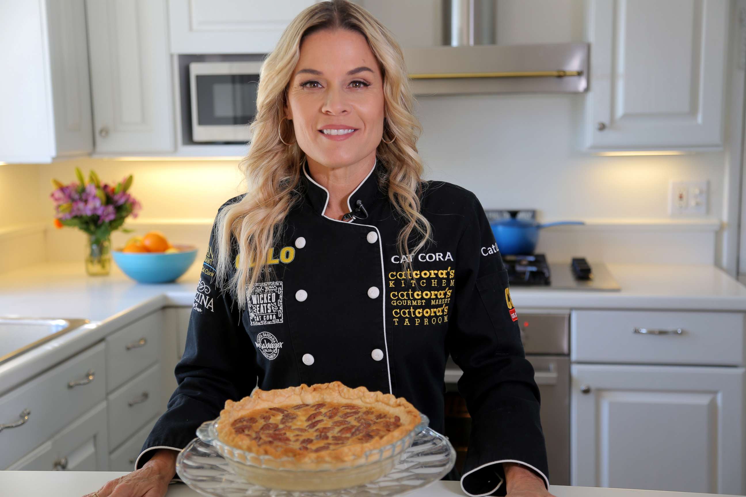 PHOTO: Cat Cora makes a Thanksgiving white chocolate pecan pie in Santa Barbara, Nov. 4, 2019.