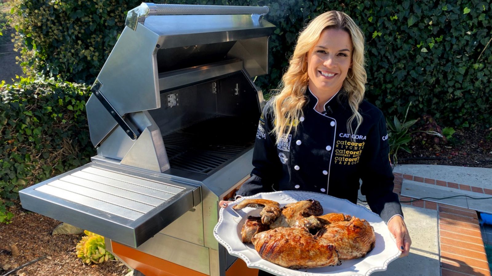 PHOTO: Cat Cora makes a Thanksgiving turkey on the grill with a pomegranate glaze sauce in Santa Barbara, Nov. 4, 2019.