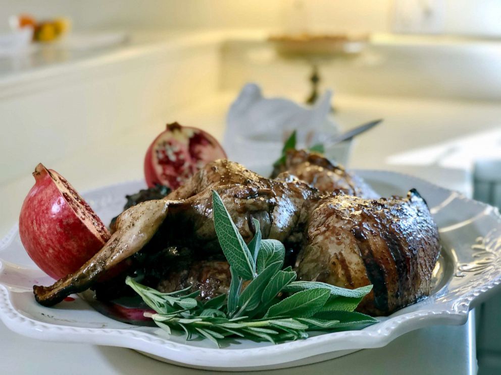 PHOTO: A turkey made on the grill with a pomegranate glaze sauce is pictured as a Thanksgiving dinner option.