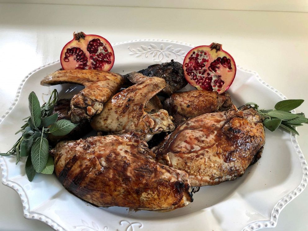 PHOTO: A turkey made on the grill with a pomegranate glaze sauce is pictured as a Thanksgiving dinner option.