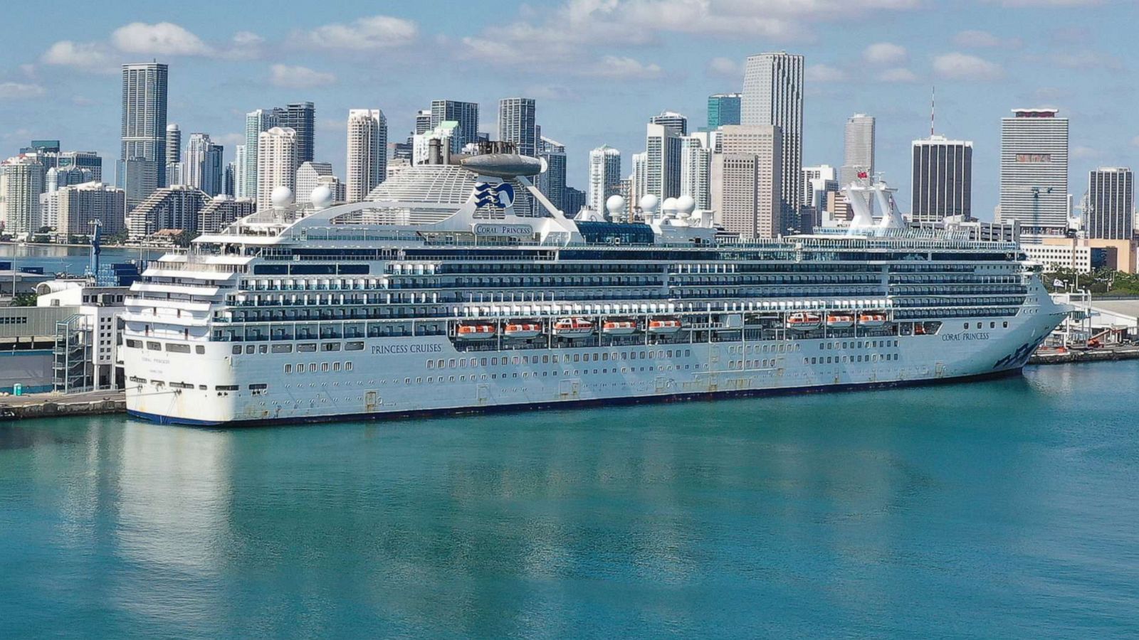 PHOTO: An aerial view from a drone shows the cruise ship Coral Princess after it docked at Port Miami on April 04, 2020, in Miami, Fla.