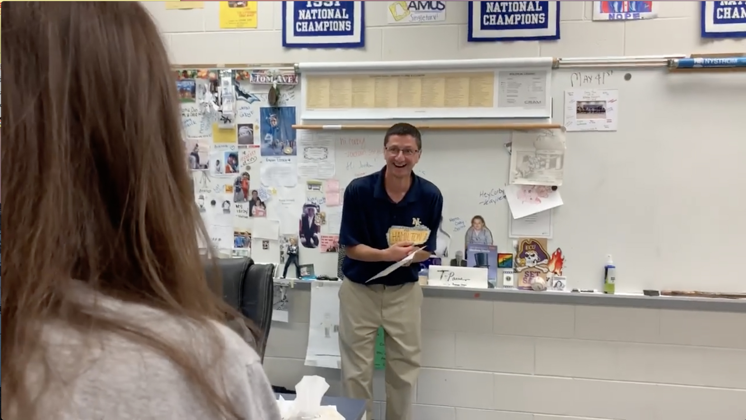 PHOTO: New Egypt High School history teacher Tom Corby was surprised by his students with tickets to see the musical "Hamilton."