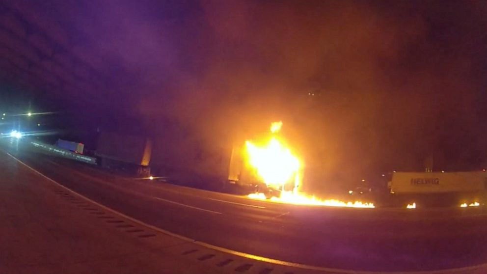 PHOTO: Body camera footage shows a burning tractor-trailer on Interstate 85, Aug. 8, 2023, near Salisbury, N.C.