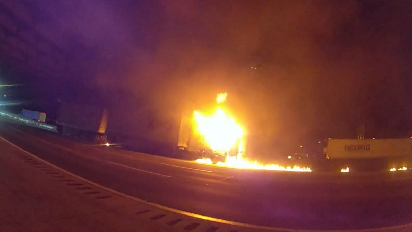 PHOTO: Body camera footage shows a burning tractor-trailer on Interstate 85, Aug. 8, 2023, near Salisbury, N.C.