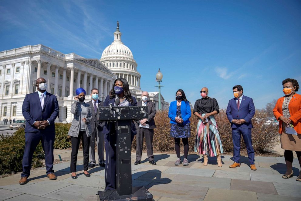 PHOTO: Rep. Cori Bush speaks during a news conference outside the U.S. Capitol on March 11, 2021 in Washington, D.C., to discuss proposed legislation entitled Rent and Mortgage Cancellation Act in response to the COVID-19 pandemic.