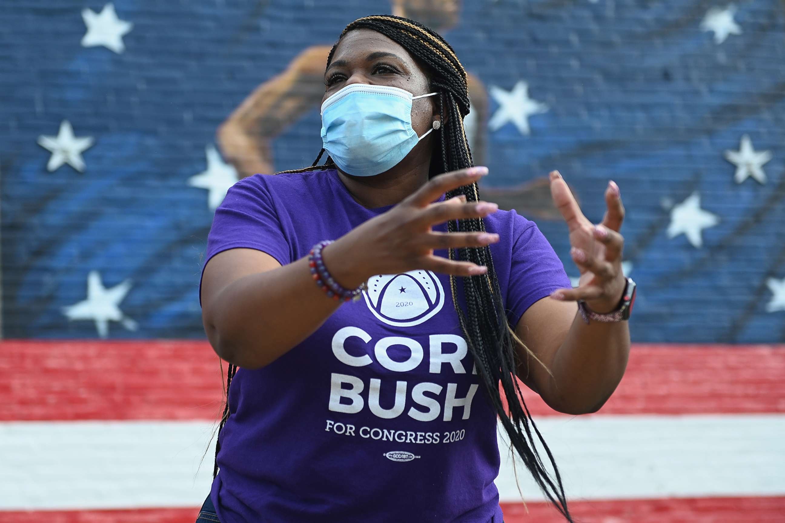 PHOTO: Missouri Democratic congressional candidate Cori Bush speaks to supporters during a canvassing event on Aug. 3, 2020 in St Louis.