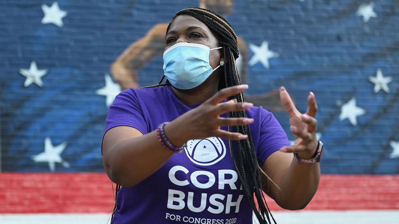 PHOTO: Missouri Democratic congressional candidate Cori Bush speaks to supporters during a canvassing event on Aug. 3, 2020 in St Louis.