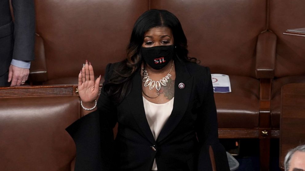 PHOTO: Rep. Cori Bush is sworn in on the House Floor at the U.S. Capitol in Washington, D.C., on Jan. 3, 2021, during the first day of the 117th session of the House of Representatives.