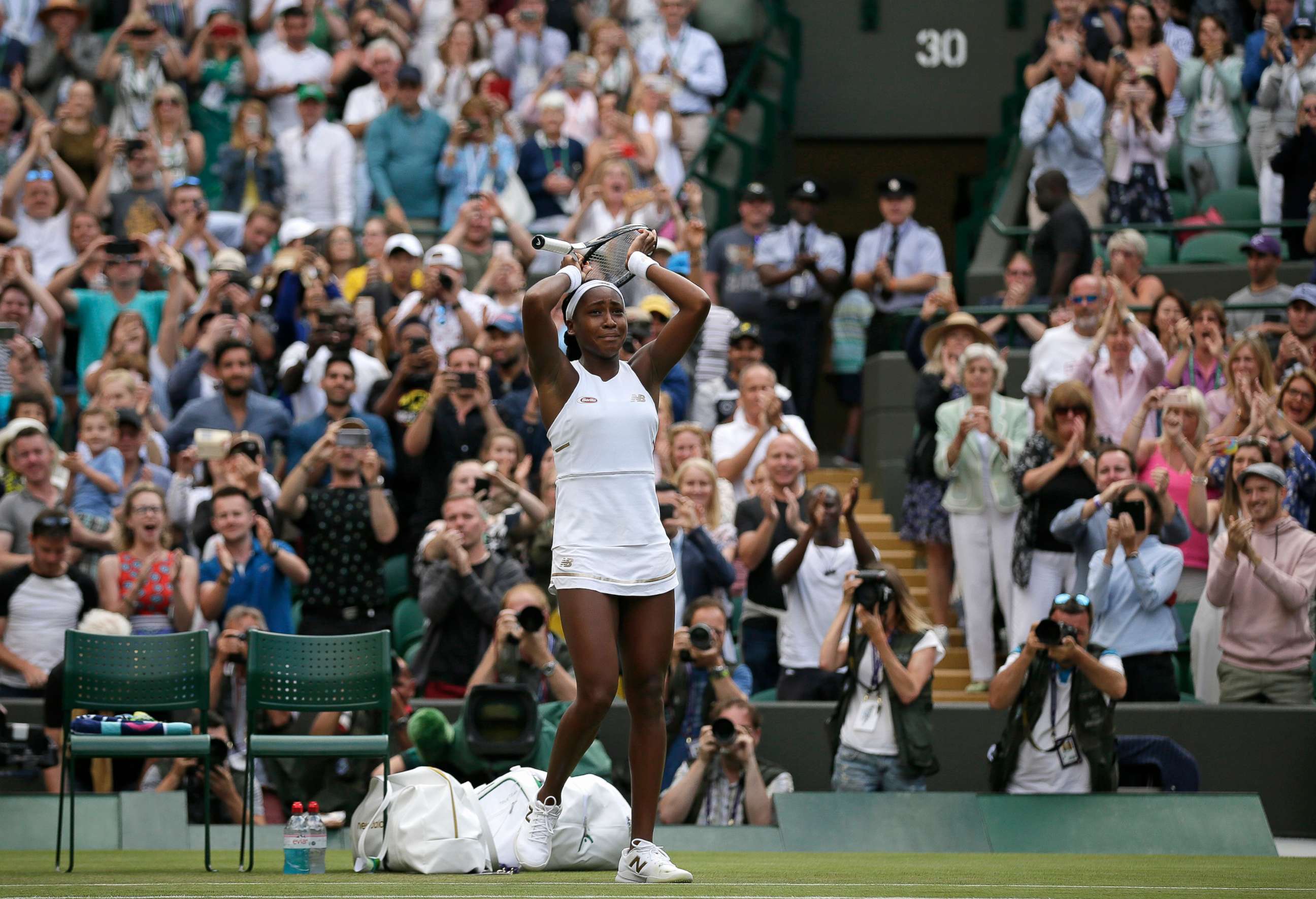 PHOTO: United States' Cori "Coco" Gauff reacts after beating United States's Venus Williams in a Women's singles match during day one of the Wimbledon Tennis Championships in London, July 1, 2019.