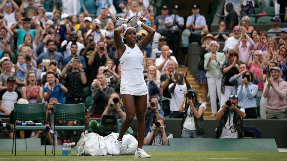 PHOTO: United States' Cori "Coco" Gauff reacts after beating United States's Venus Williams in a Women's singles match during day one of the Wimbledon Tennis Championships in London, July 1, 2019.