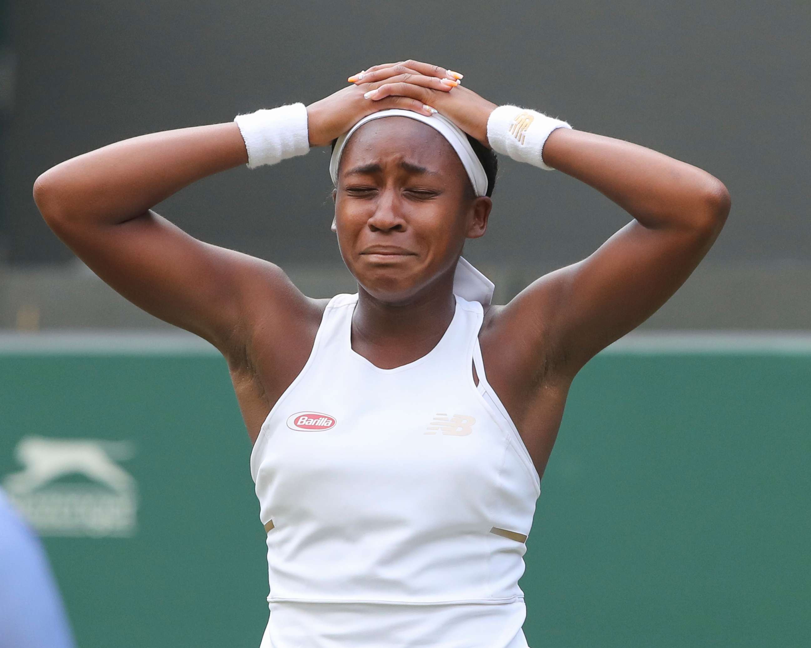 PHOTO: Cori Gauff reacts during the first round at the Wimbledon Tennis Championships, Day 1, The All England Lawn Tennis and Croquet Club, London, July 1, 2019.