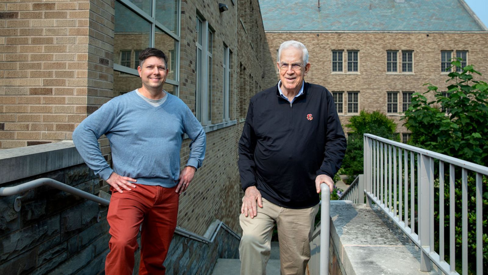 PHOTO: Cornell University professor Ron Ehrenberg, right, stands next to kidney transplant donor, Cornell University associate professor Adam Seth Litwin, who secretly spent two years improving his health to give his colleague his kidney.