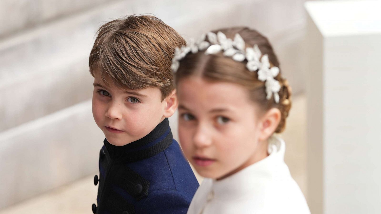 PHOTO: Britain's Prince Louis and Princess Charlotte arrive at the coronation of King Charles III at Westminster Abbey, May 6, 2023, in London.