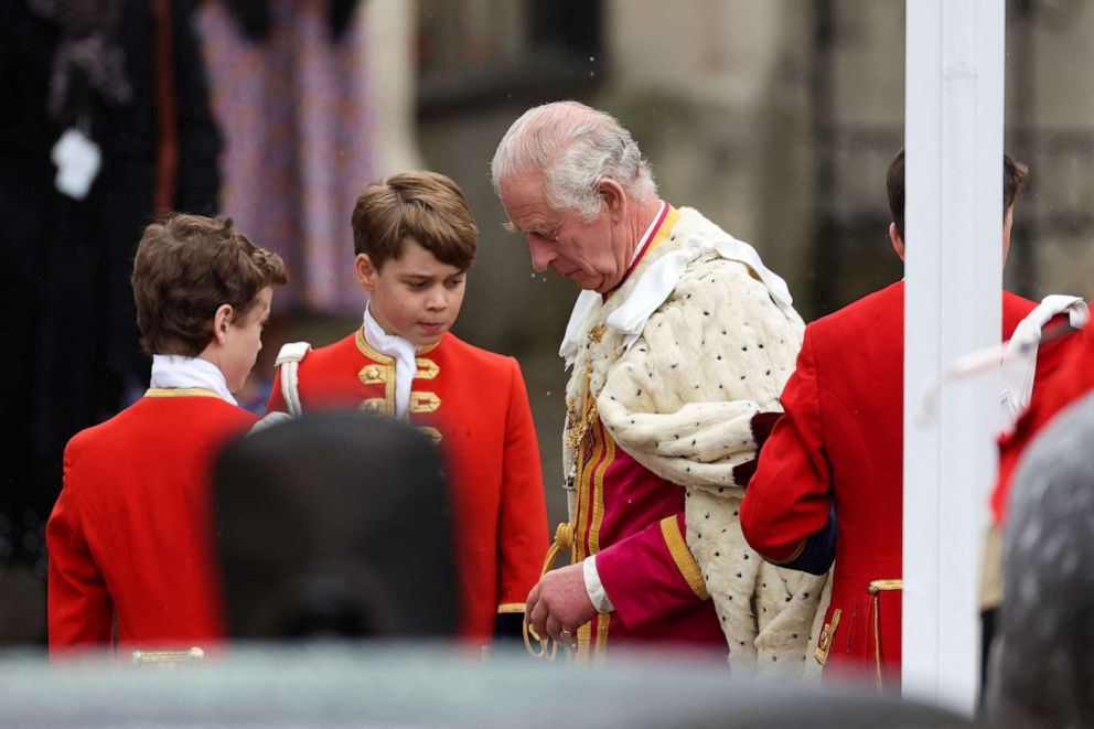 PHOTO: Britain's King Charles and Prince George stand during the coronation ceremony at Westminster Abbey, in London, May 6, 2023.