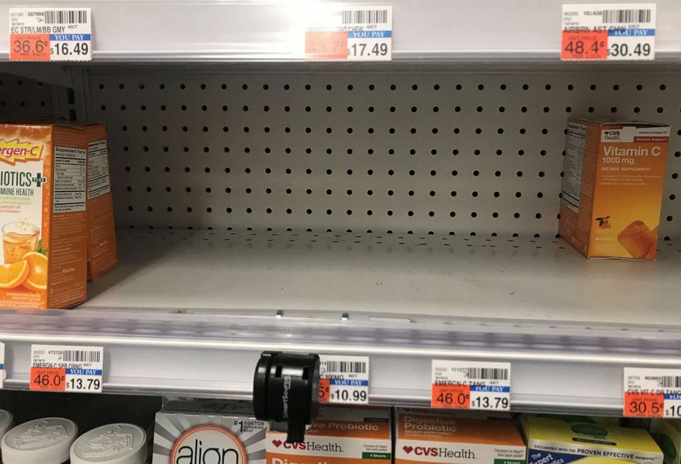 PHOTO: A box of Vitamin C supplements sits on a nearly empty pharmacy shelf in advance of a potential novel coronavirus outbreak arriving in New York, Feb. 28, 2020.