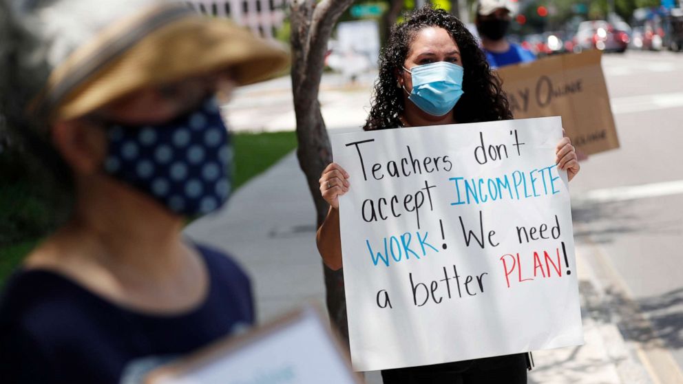 PHOTO: First grade teacher Yolanda Vasquez stands in protest along with other teachers and counselors in front of the Hillsborough County Schools District Office on July 16, 2020, in Tampa, Fla.