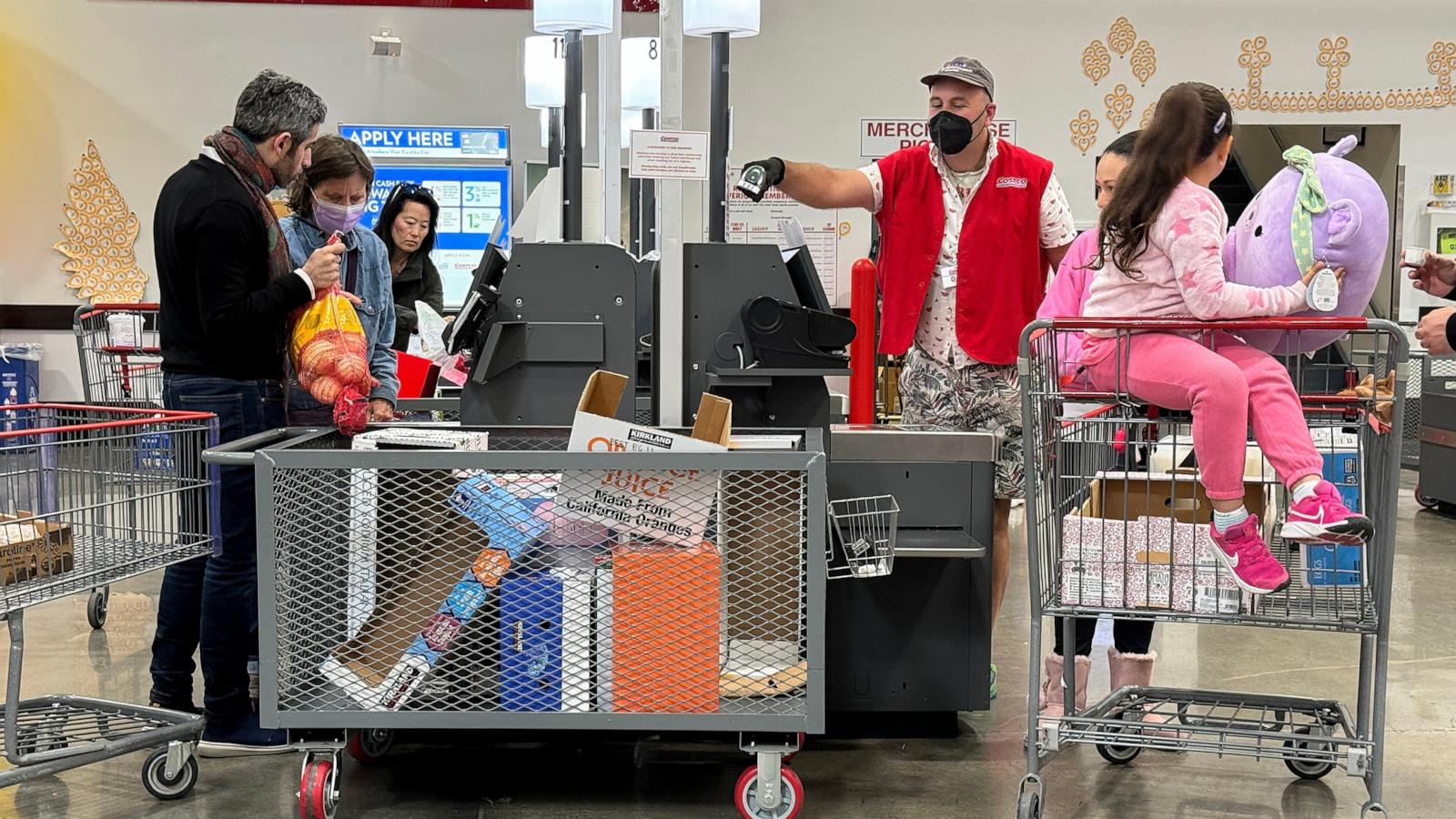 PHOTO: Customers check out at a Costco store on May 15, 2024 in Novato, Calif.