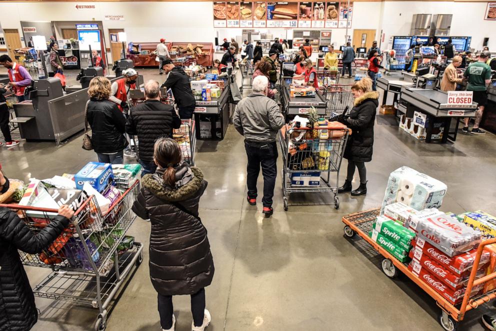 PHOTO: ICustomers check out at a Costco store, Feb. 28, 2024, in Teterboro, N.J.