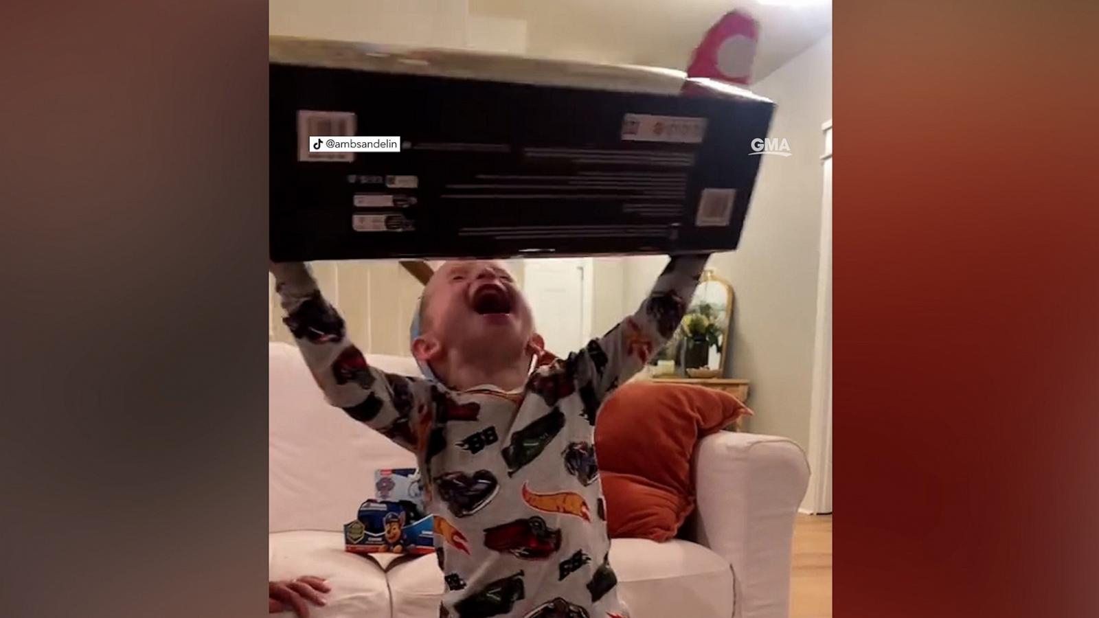 PHOTO: Amberlie Andelin’s son Marvel reacted with excitement to his fourth birthday present – monster trucks he had spotted and coveted from Costco. A TikTok video of his reaction has gone viral with over 1 million views since Nov. 13, 2024.
